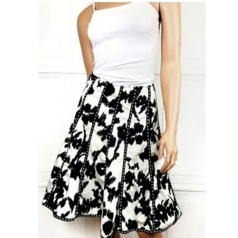 CAbi Dashing Embroidered Flared Mini Skirt In Black & Cream Size 12 EUC